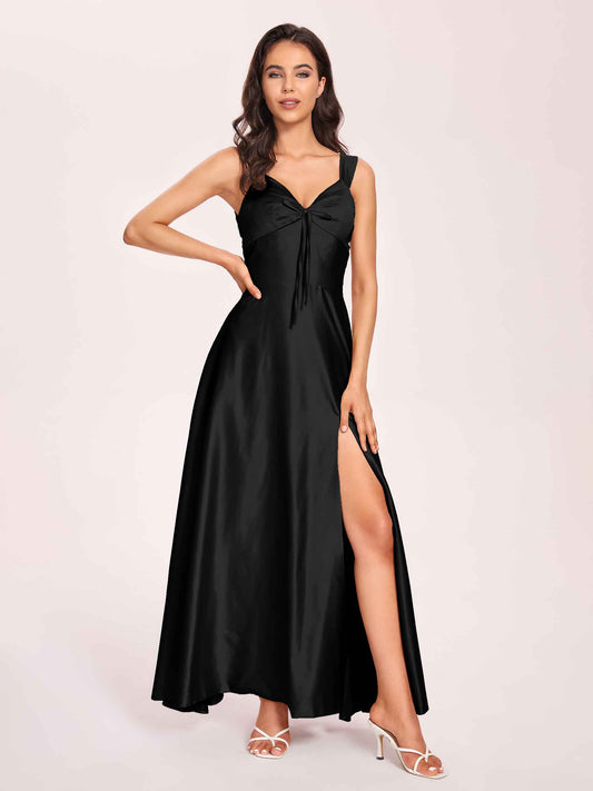 Satin V-neck A-line Bridesmaid Dresses Side slit Floor Length
