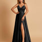 Satin A-line Long Prom Dresses Spaghetti Straps V-neck Side Slit Floor Length