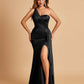 Satin One Shoulder Mermaid Prom Dresses Side Slit Floor Length