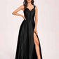 Satin V-neck A-line Prom Dresses Side slit Floor Length