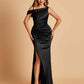 Unique Satin One Shoulder Bridesmaid Dresses Side Slit Half Open Back Floor Length