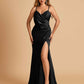Sexy Satin Sheath Bridesmaid Dresses Spaghetti Straps V-neck Side Slit Floor Length
