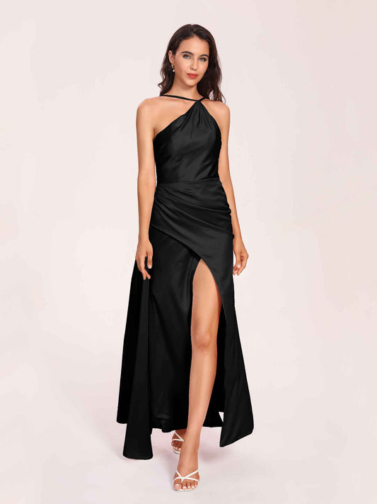 Sexy Satin Halter Strap Sheath Bridesmaid Dresses Side Slit Pleats Floor Length