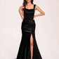 Sexy Satin Square Mermaid Bridesmaid Dresses Pleats Side-Slit Floor-Length Sleeveless
