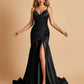 Sexy Satin Mermaid Open Back Prom Dresses Spaghetti Straps V-neck Side Slit