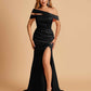 Unique Satin Mermaid Prom Dresses With Off Shoulder Straps Side Slit Floor Length