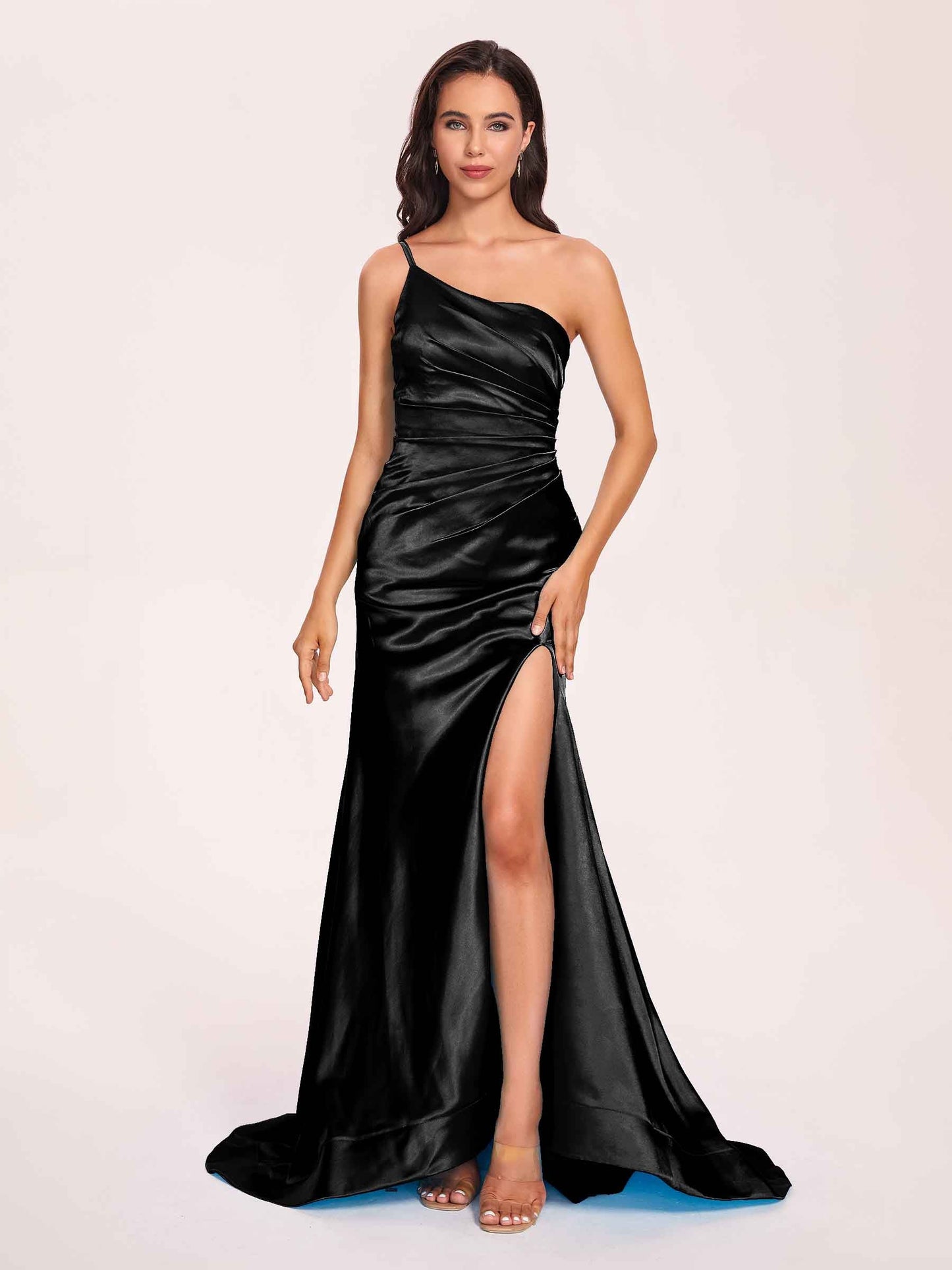 Satin One-shoulder Mermaid Prom Dresses Side Slit Pleats Floor Length
