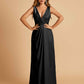 Sexy Satin Deep V-neck Long Bridesmaid Dresses A-line Pleats Sleeveless Floor Length