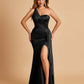Satin One Shoulder Mermaid Bridesmaid Dresses Side Slit Floor Length