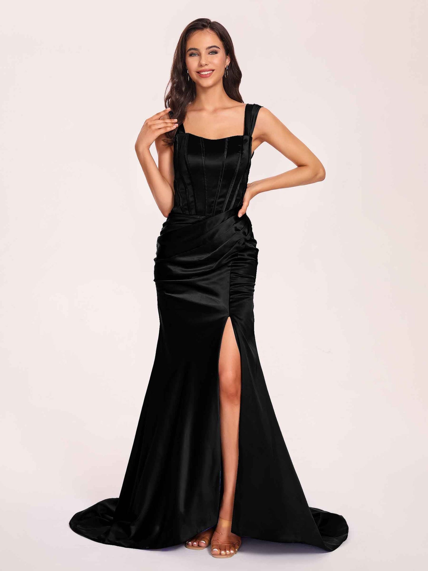 Sexy Satin Square Mermaid Prom Dresses Pleats Side-Slit Floor-Length Sleeveless