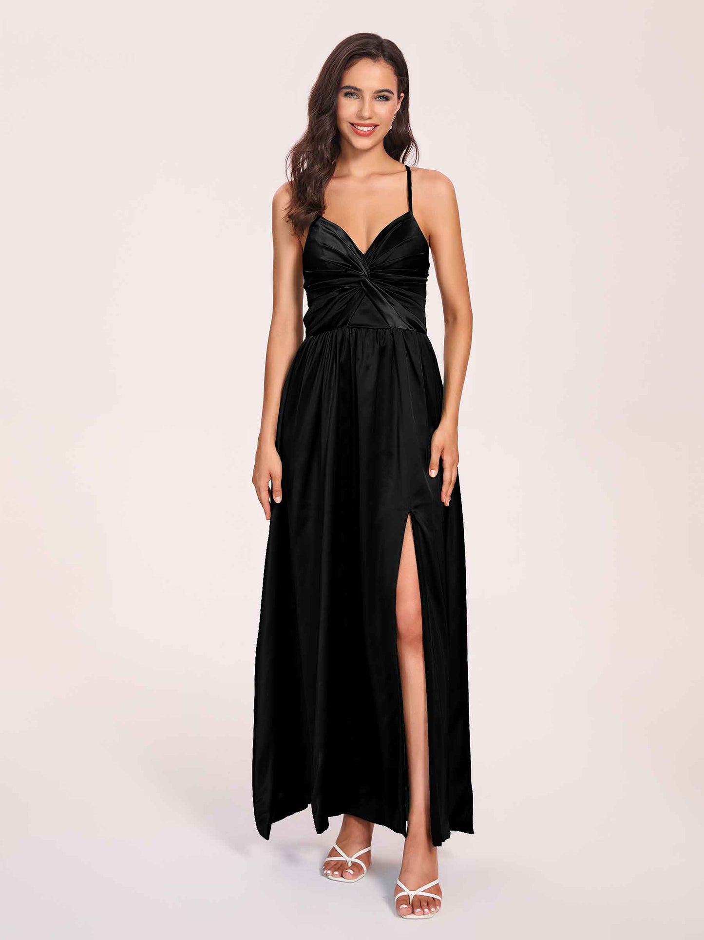 Satin Spaghetti Straps A-line Bridesmaid Dresses Side Slit Floor Length