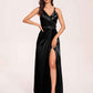 Sexy Satin A-line Prom Dresses Spaghetti Straps Side Slit V-neck Floor Length