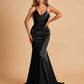 Sexy Satin Mermaid Prom Dresses Spaghetti Straps V-neck Pleats Floor Length