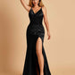Sexy Satin Mermaid Prom Dresses Spaghetti Straps V-neck Side Slit Half Open Back