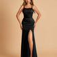 Satin Mermaid Long Bridesmaid Dresses Spaghetti Straps Scoop Side Slit Criss-cross Back