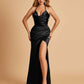 Sexy Satin Halter Straps Sheath Prom Dresses Side Slit Pleats Floor Length