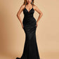 Satin Mermaid Open-back Prom Dresses Spaghetti Straps V-neck With Pleats Floor Length