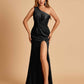Unique Satin One Shoulder Sheath Bridesmaid Dresses Open Back Side Slit Floor Length