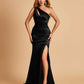 Sexy Satin Key Hole Bridesmaid Dresses One Shoulder Key Hole Floor Length Sheath For Sale