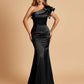 Satin One-shoulder Bridesmaid Dresses Ruffle Sleeves Mermaid Floor Length For Sale