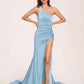 Jersey One-shoulder Prom Dresses Open Back Pleats Side-Slit With Train Long