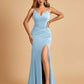 Jersey Mermaid Bridesmaid Dresses Spaghetti Straps V-neck Side Slit Pleats Floor Length