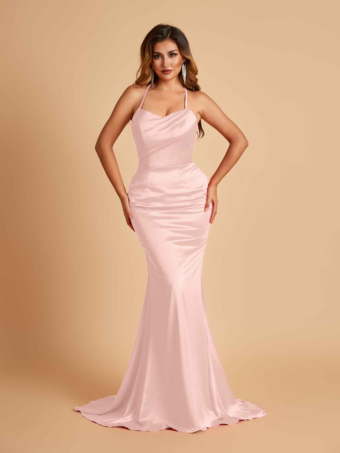 Sexy Satin Mermaid Bridesmaid Dresses Spaghetti Straps Scoop Criss-cross Back