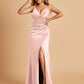 Sexy Satin Sheath Prom Dresses Spaghetti Straps V-neck Side Slit Pleats Floor Length