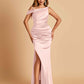 Unique Satin One Shoulder Prom Dresses Side Slit Half Open Back Floor Length