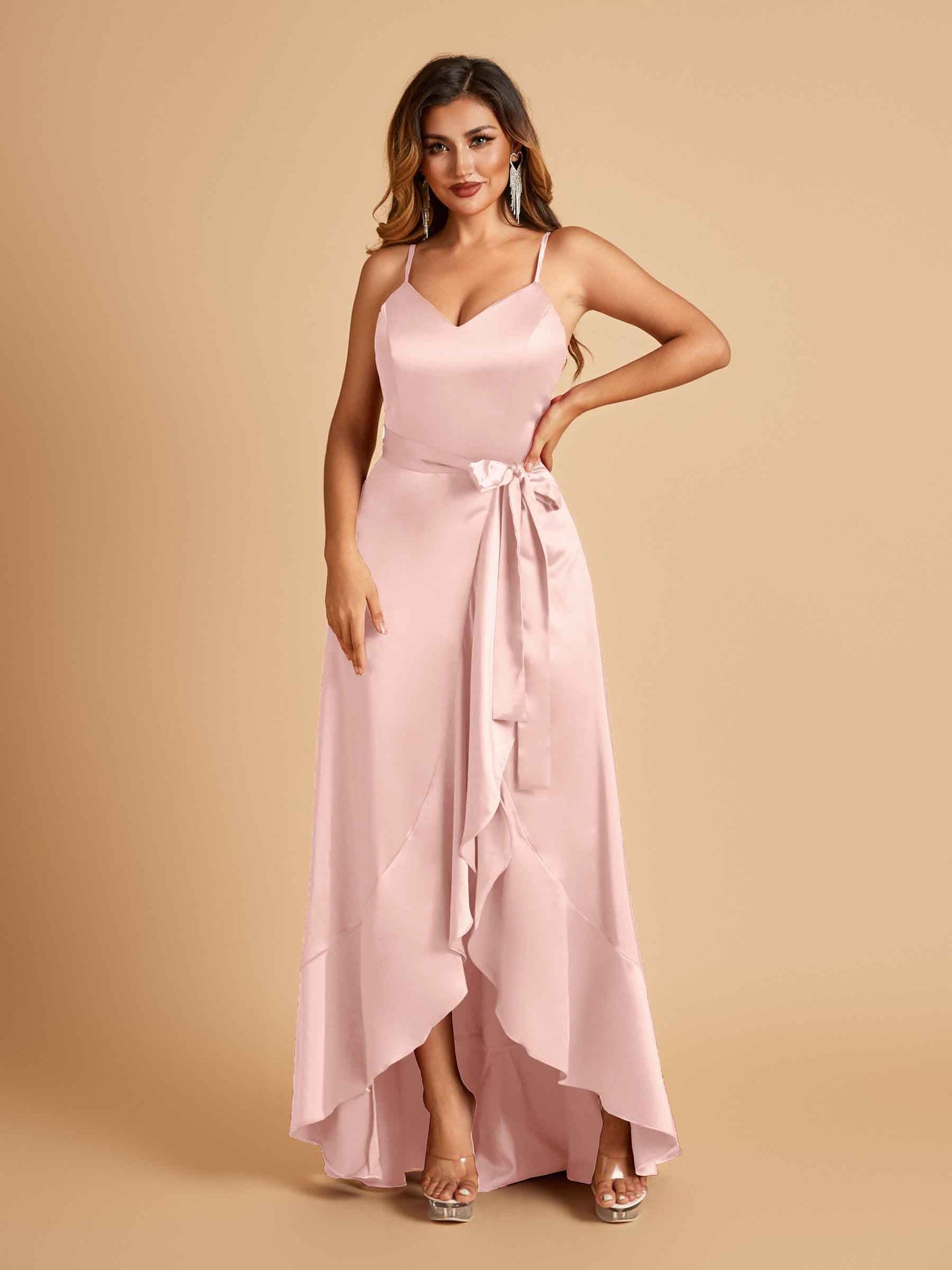Satin Asymmetric V-neck Prom Dresses Sleeveless Side Slit A-line Unique