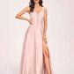 Satin V-neck A-line Prom Dresses Side slit Floor Length