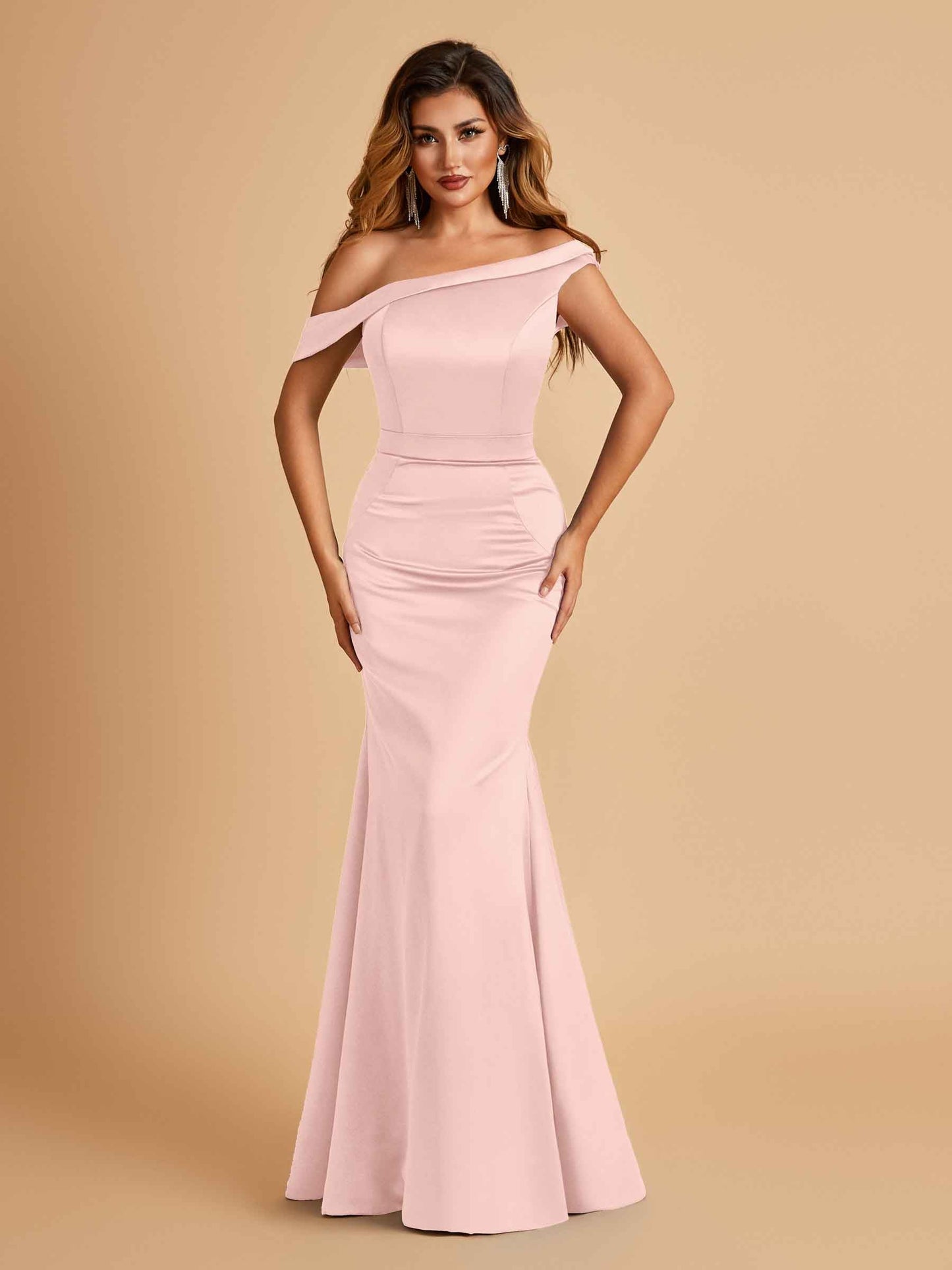 Charming Satin Off Shoulder Mermaid Prom Dresses Straps Floor Length