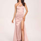 Sexy Satin One-shoulder Prom Dresses Side Slit Sheath Floor Length Long