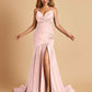 Sexy Satin Mermaid Open Back Prom Dresses Spaghetti Straps V-neck Side Slit