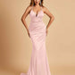 Satin Mermaid Open-back Prom Dresses Spaghetti Straps V-neck With Pleats Floor Length