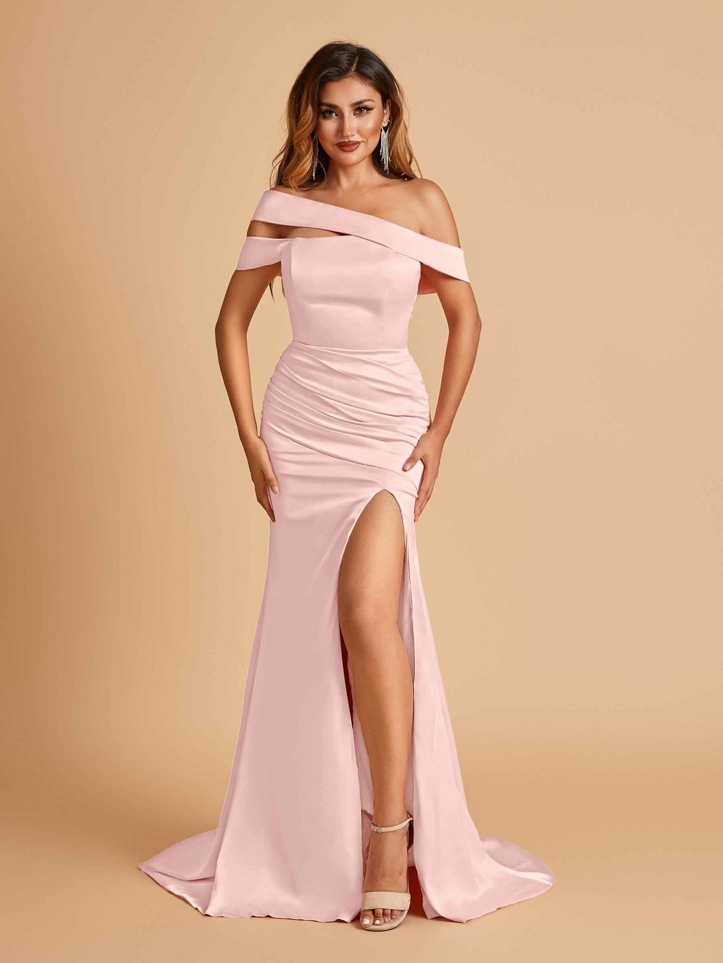 Unique Satin Mermaid Prom Dresses With Off Shoulder Straps Side Slit Floor Length