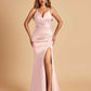 Sexy Satin Mermaid Long Prom Dresses Spaghetti Straps Sweetheart Side Slit Criss-cross Back