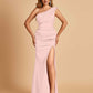 Satin One-shoulder Bridesmaid Dresses Mermaid Side Slit Sleeveless Floor Length