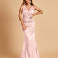 Sexy Satin Criss-cross Back Prom Dresses Mermaid Deep V-neck Back Pleats Floor Length