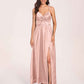 Satin Spaghetti Straps A-line Bridesmaid Dresses Side Slit Floor Length