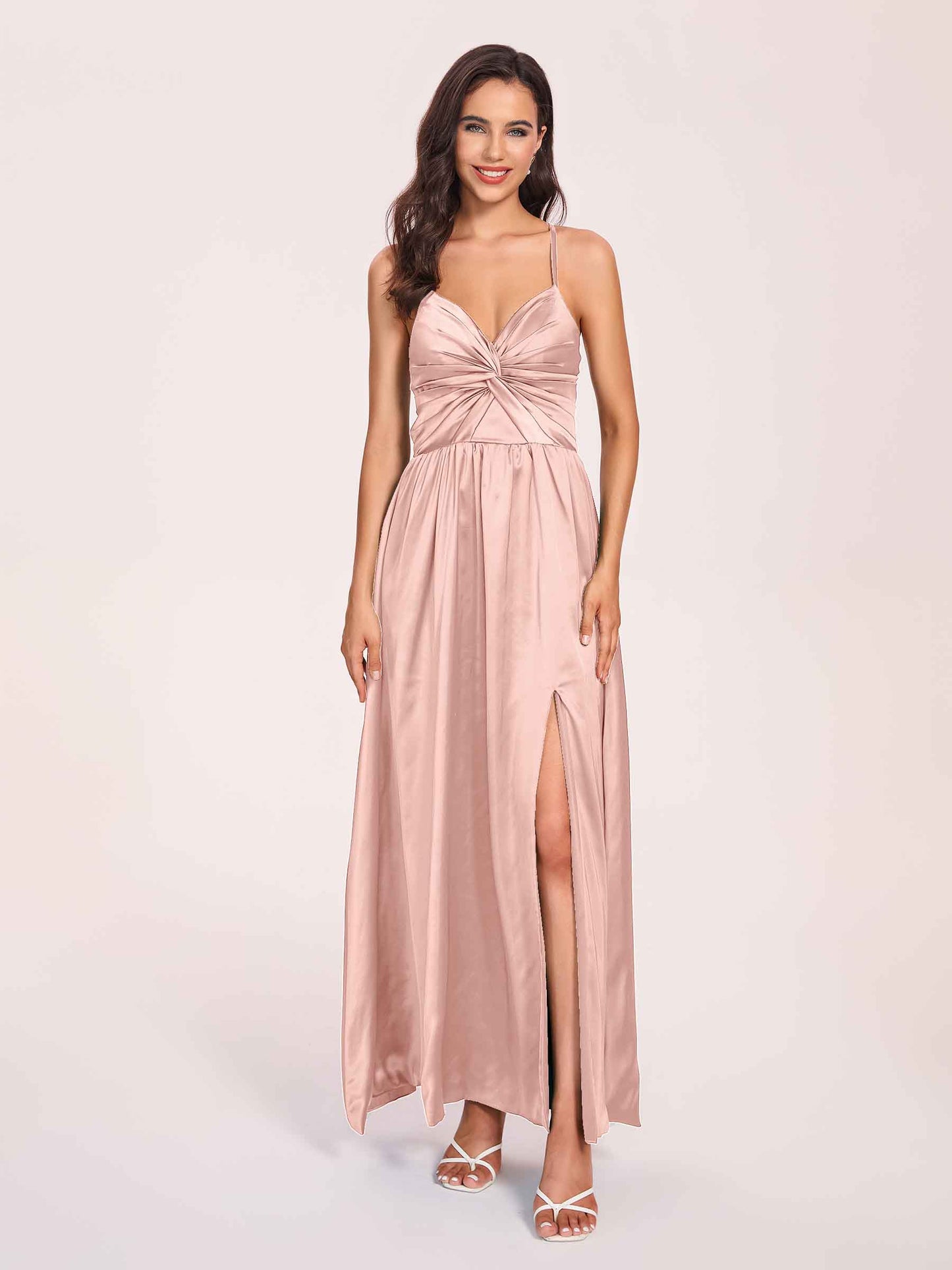 Satin Spaghetti Straps A-line Bridesmaid Dresses Side Slit Floor Length