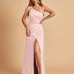 Satin One Shoulder Sheath Prom Dresses Spaghetti Straps Side Slit Floor Length