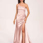 Satin One-shoulder Mermaid Prom Dresses Side Slit Pleats Floor Length
