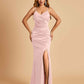 Sexy Satin Mermaid Bridesmaid Dresses Spaghetti Straps V-neck Side Slit Floor Length