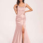 Sexy Satin Square Mermaid Bridesmaid Dresses Pleats Side-Slit Floor-Length Sleeveless