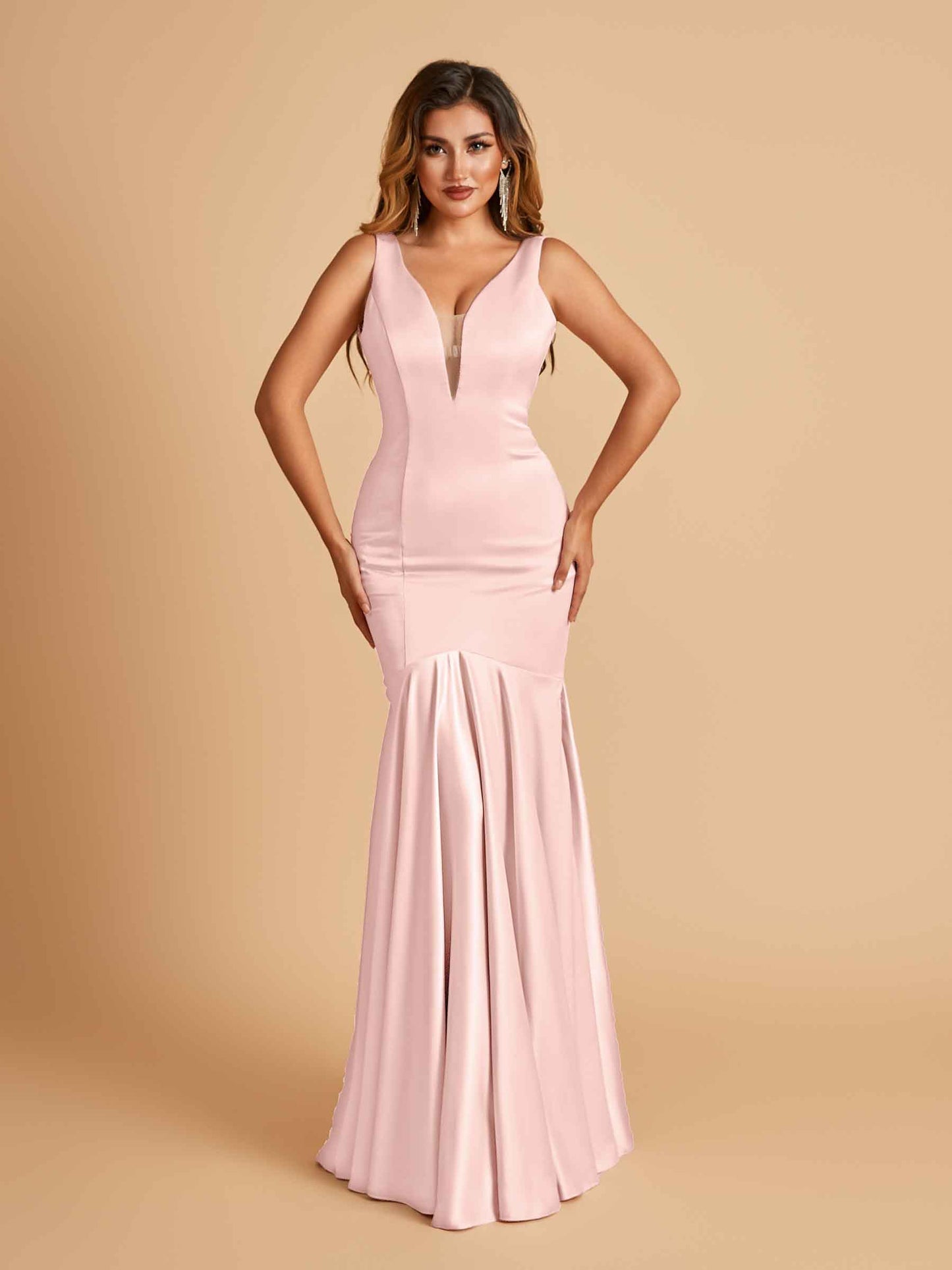 Satin Deep V-neck Mermaid Bridesmaid Dresses Half Open Back Floor Length