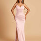Satin Mermaid Long Bridesmaid Dresses Spaghetti Straps V-neck Side Slit Floor Length