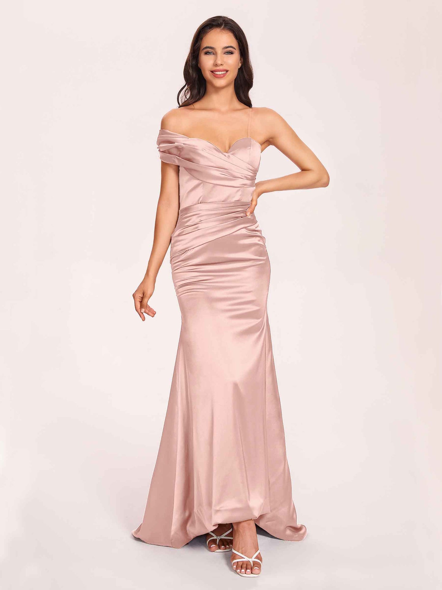 Satin One-shoulder Bridesmaid Dresses Pleats Floor Length Mermaid Long
