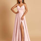 Satin A-line Long Prom Dresses Spaghetti Straps V-neck Side Slit Floor Length