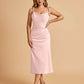 Sexy Satin Midi Prom Dresses Spaghetti Straps Slip Scoop Side Slit